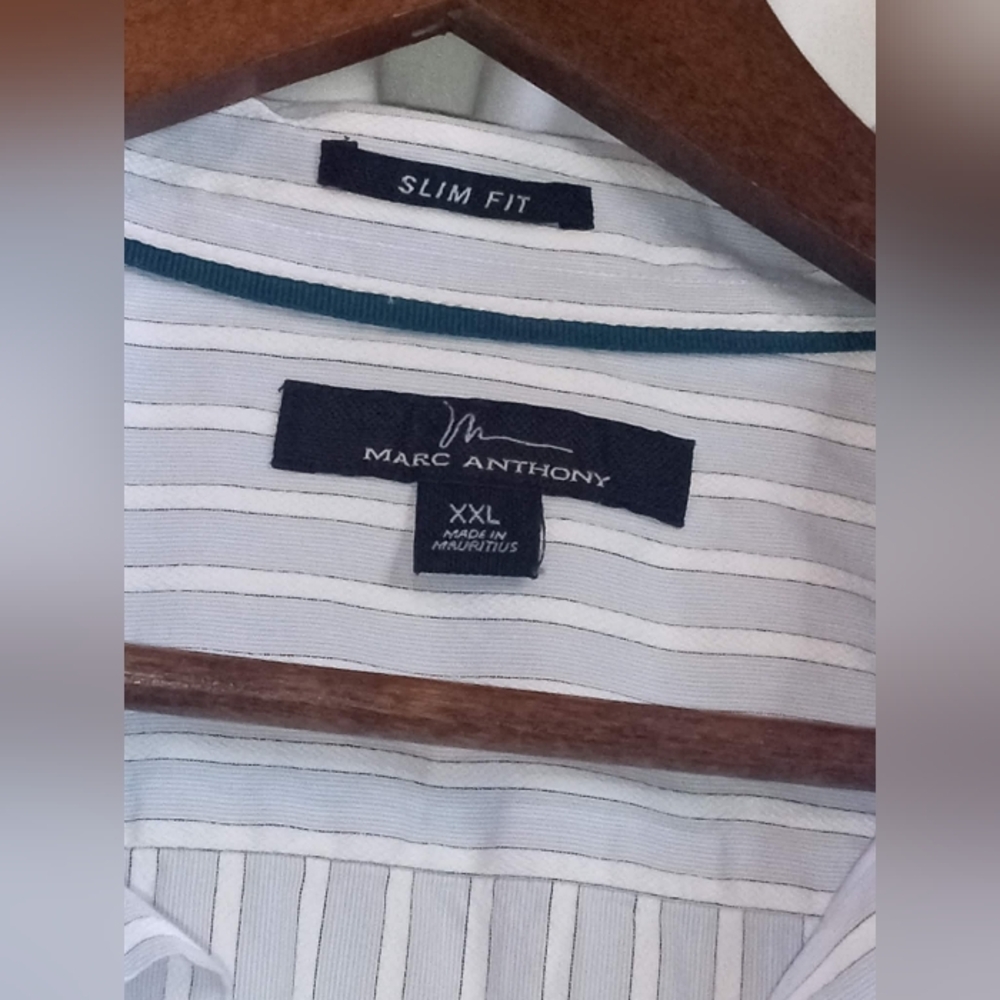 Marc Anthony XXL Slim Fit White Blue Thin Gray Stripes Button Up Shirt Office